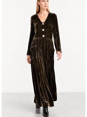 Vintage 90s Jenny Helene Brown Silk Blend Velvet Maxi Dress S Button Front Boho